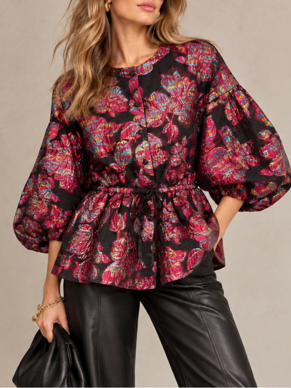 AKIRA Metallic Floral Jacquard Puff Sleeve Peplum Jacket Size Large
